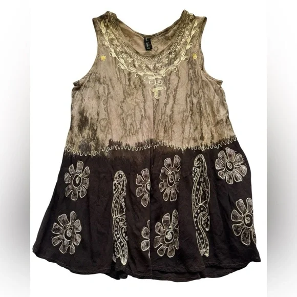 Sacred Thread Brown Tan Floral Embroidery Lightweight Blouse Size Medium OS - Picture 6 of 11